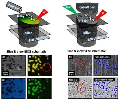 Correlative structural and elemental information from FIB/SEM and Nano-CT datasets allows umabigious analysis quantitatively